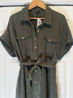NWT torrid Olive-Green Cotton Gauze Belted Button Front Shirt Dress Midi M/L